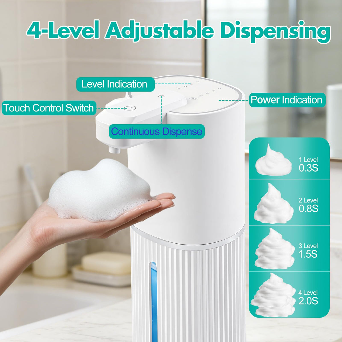 Automatic Soap Dispenser, Foaming Soap Dispenser Touchless with Continuous Dispensing, 4-Level Adjustable, Rechargeable Hand Soap Dispensers, Wall Mounted or Countertop for Bathroom & Kitchen Gold