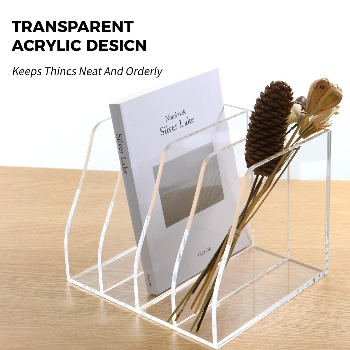 Acrylic Magazine File Holder, 4 Vertical Compartments Desk Document Sorter Organizer, Clear Folder Rack Binder for Office/Home/Classroom, for Documents, Tablet, Magazines, Books & Accessories B5, 4 Sections