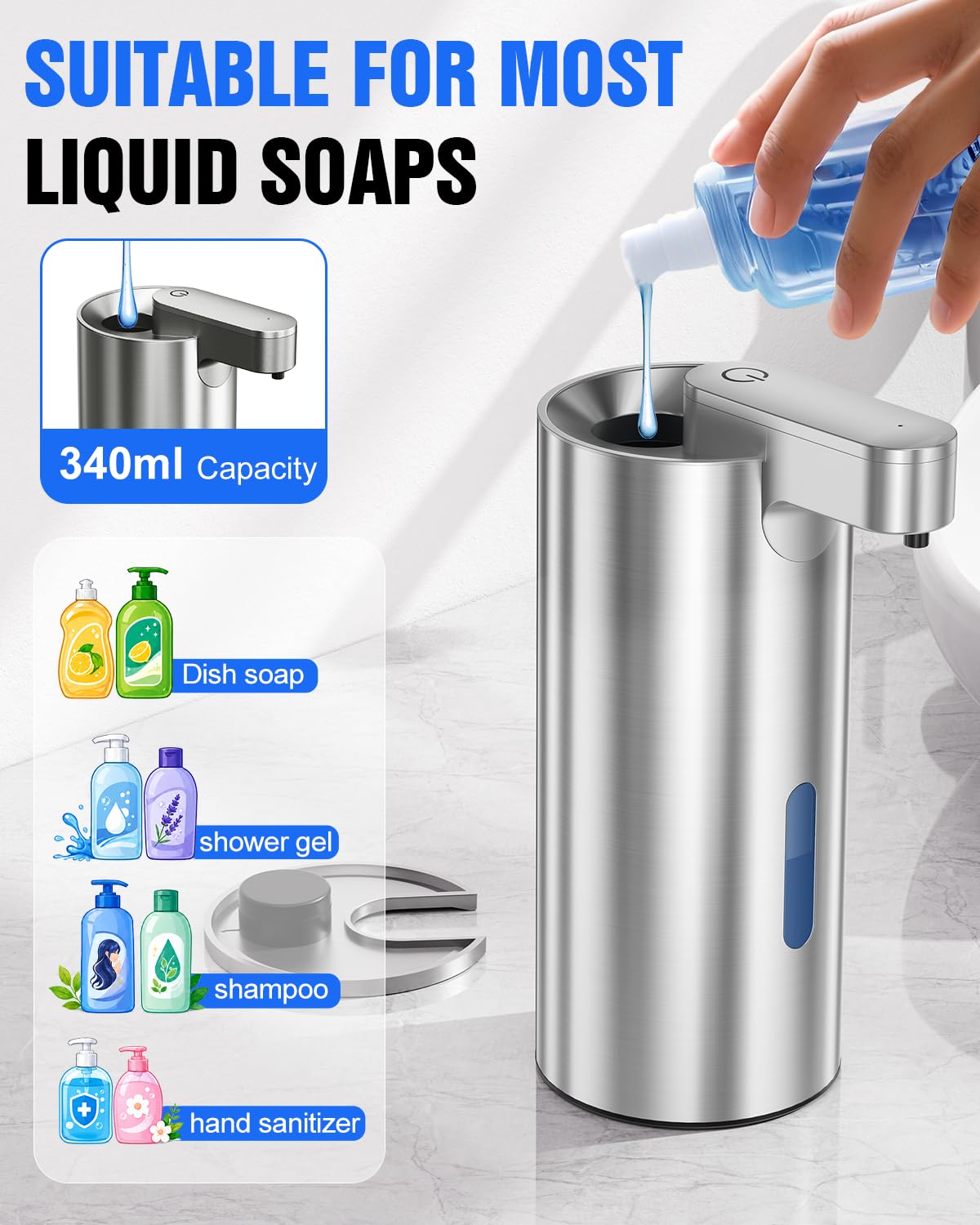 Fantictas Automatic Soap Dispenser Touchless, Stainless Steel 11.5 oz Gel