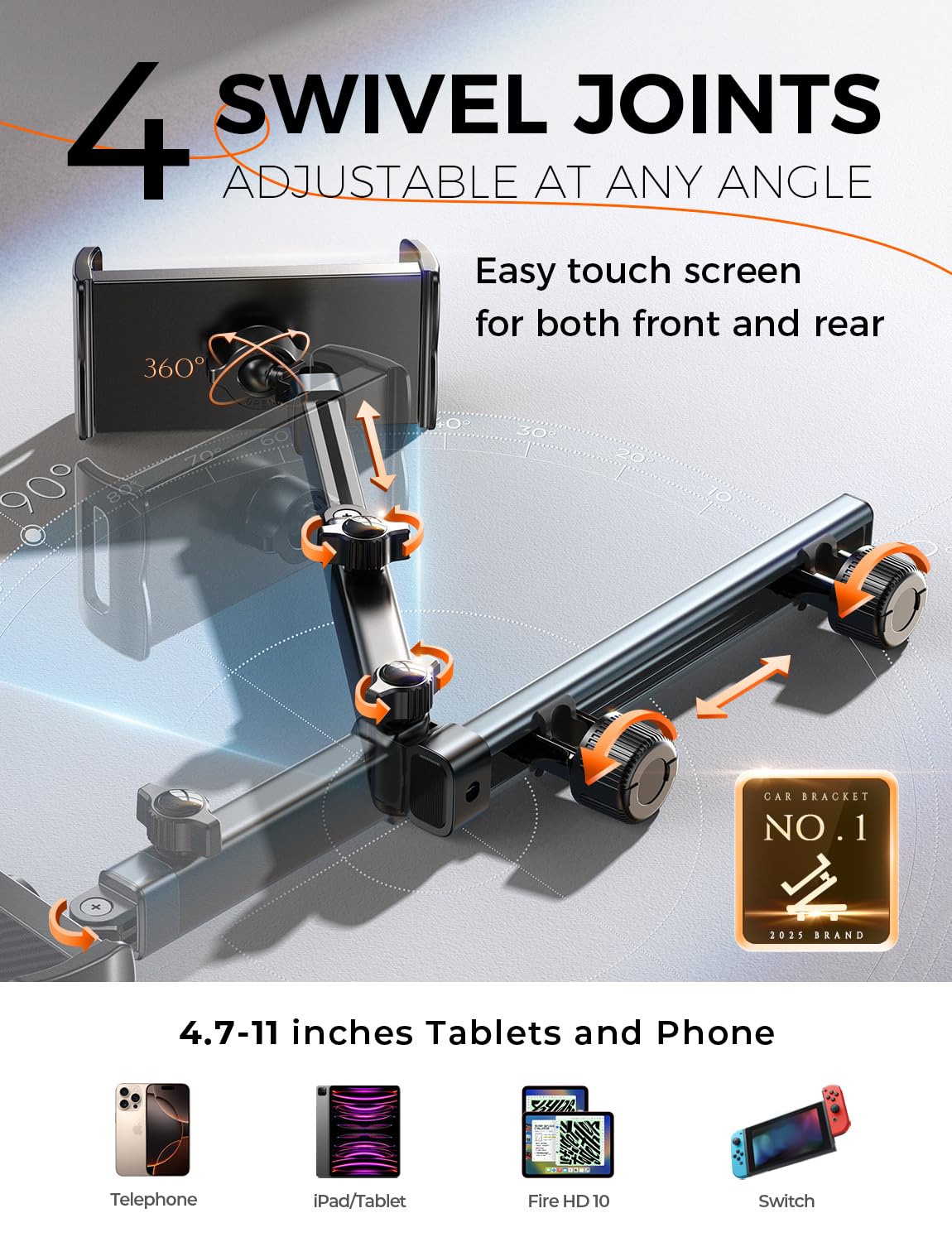 LISEN iPad Holder for Car Tablet Mount, 4 in 1 Adjust Arm Back Seat Stand 4.7-11.5“ Device