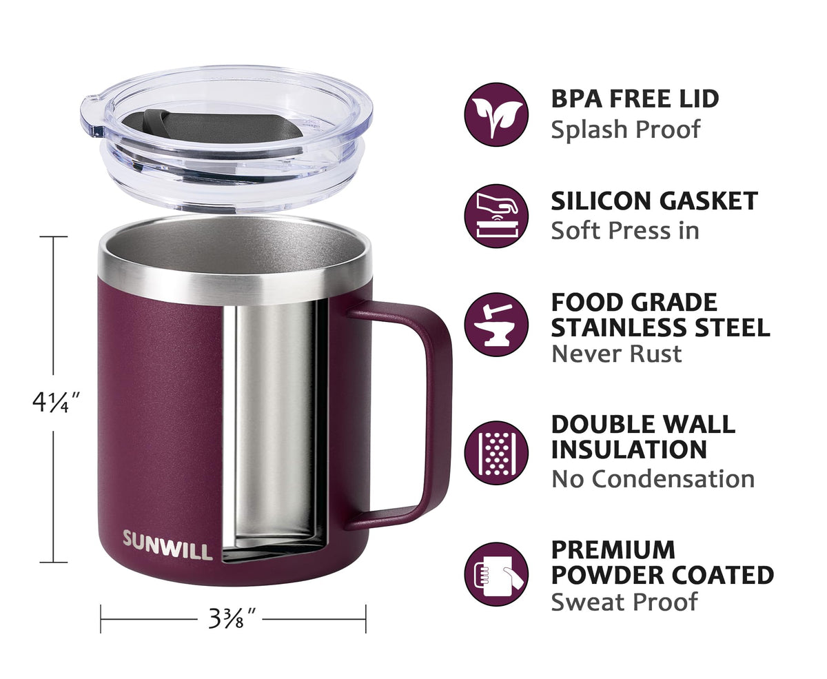SUNWILL Insulated Coffee Mug, Stainless Steel 14 oz, Splash-Proof Lid Powder Coated Navy Blue 14 Ounces