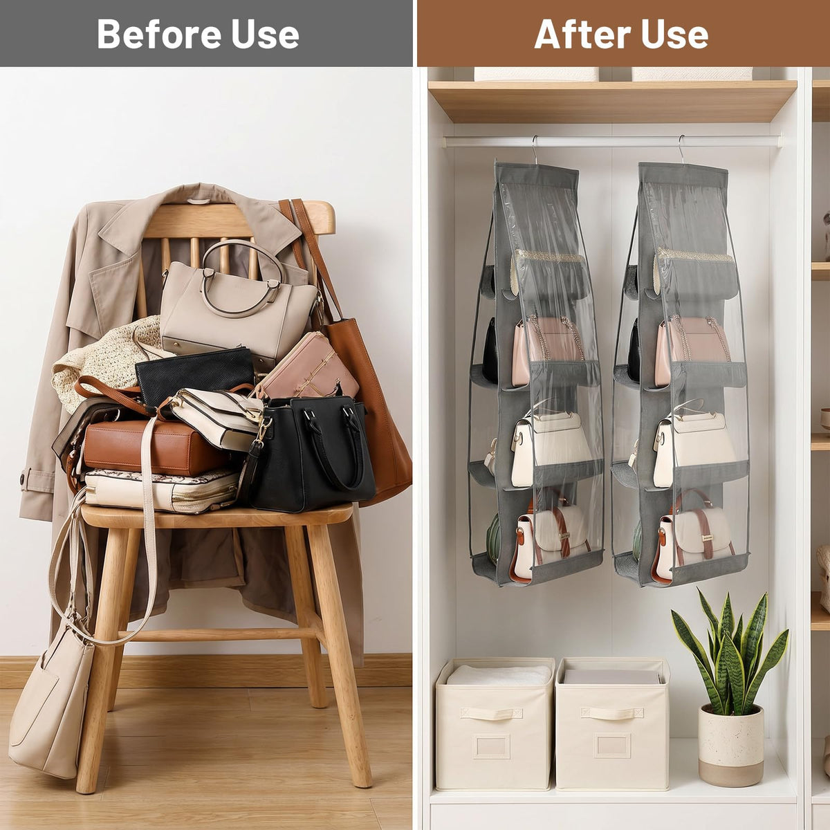 4 Pack Purse Organizer for Closet, Hanging Handbag Storage with 8 Clear PVC Pockets, Purse Organizer for Wardrobe Door Wall, Gray 41x13.5x12.6 Inch