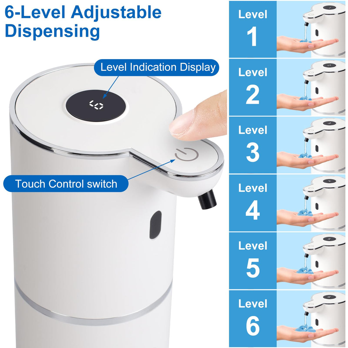 Automatic Soap Dispenser, Hand Soap Dispenser 12.8oz/380ml Smart Rechargeable, Liquid Touchless Soap Dispensers with 6-Level, Wall Mounted or Countertop Dish Soap Dispensing for Bathroom & Kitchen Black