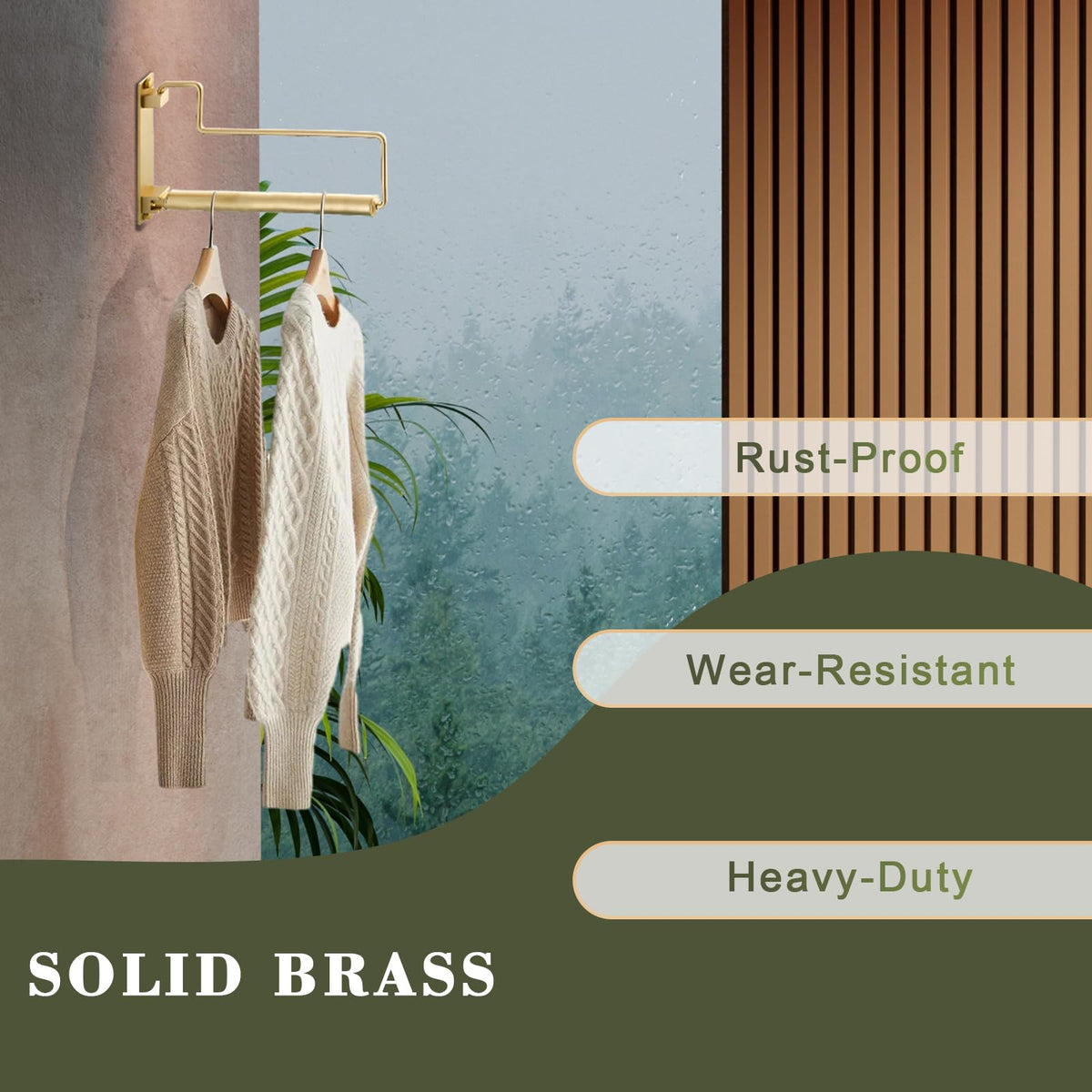 NEWRAIN Folding Wall Mounted Clothes Hanger Rack Clothes Hook Solid Brass with Swing Arm Holder Clothing Hanging System Closet Storage Organizer Heavy Duty Drying Rack Wall Mount,Brushed Gold Triangle Brushed Gold