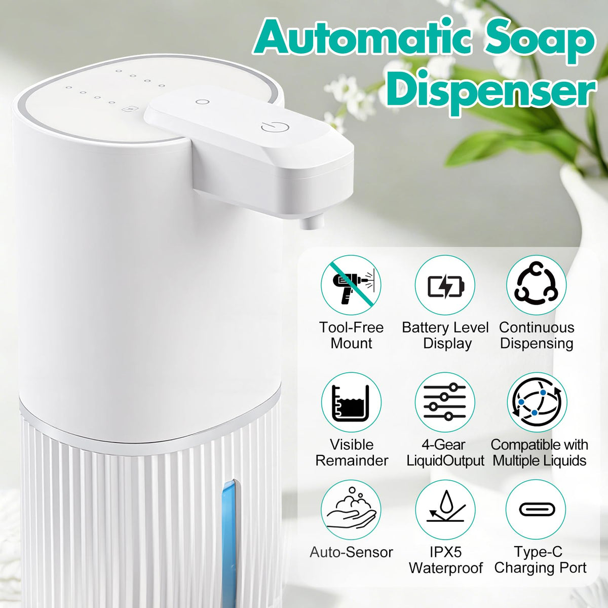 Automatic Soap Dispenser, Foaming Soap Dispenser Touchless with Continuous Dispensing, 4-Level Adjustable, Rechargeable Hand Soap Dispensers, Wall Mounted or Countertop for Bathroom & Kitchen Gold