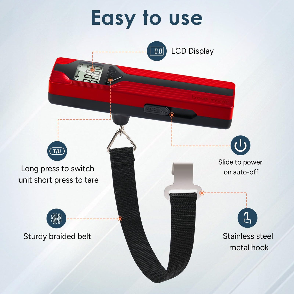 Battery-Free Luggage Scale – No Batteries Needed, Portable Digital Hanging Suitcase Weight Scale for Air Travel & Checked Bags, 110lb/50kg, LCD Display, Compact Travel Accessory Red-Large Handle