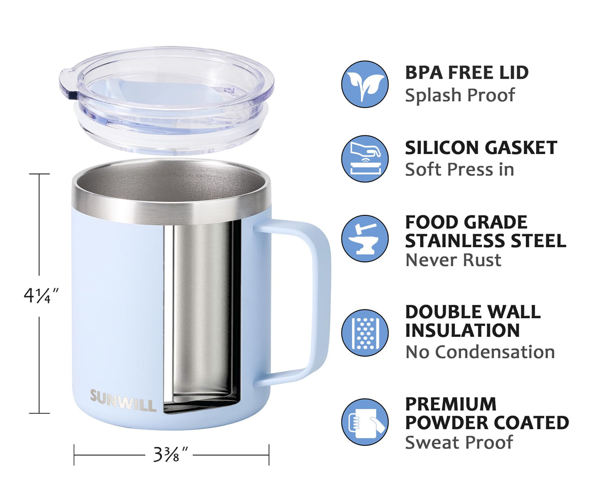 SUNWILL Insulated Coffee Mug, Stainless Steel 14 oz, Splash-Proof Lid Powder Coated Navy Blue 14 Ounces