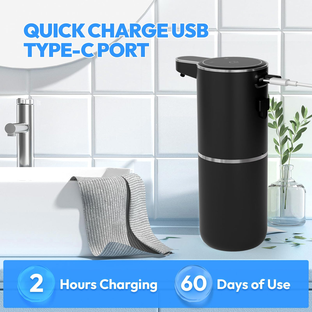 2 Pack Automatic Foaming Soap Dispenser,Touchless Foam Soap Dispenser,12.8oz Rechargeable Wall Mounted Smart for Bathroom and Kitchen Dish Soap,Easy for Toddlers(Black) Black