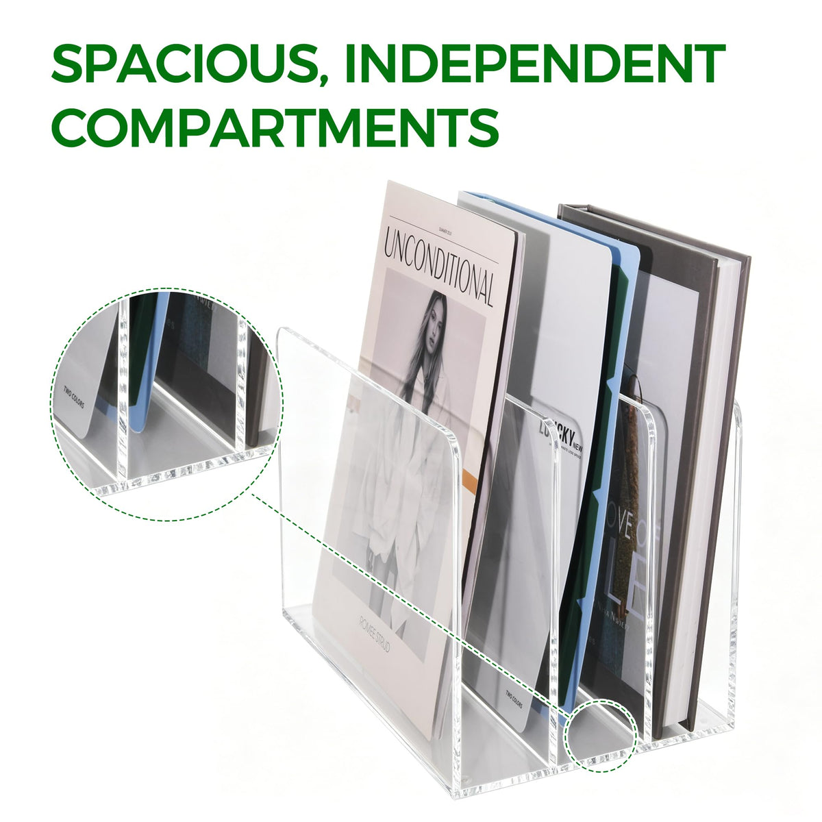 Acrylic Magazine File Holder, 4 Vertical Compartments Desk Document Sorter Organizer, Clear Folder Rack Binder for Office/Home/Classroom, for Documents, Tablet, Magazines, Books & Accessories B5, 4 Sections