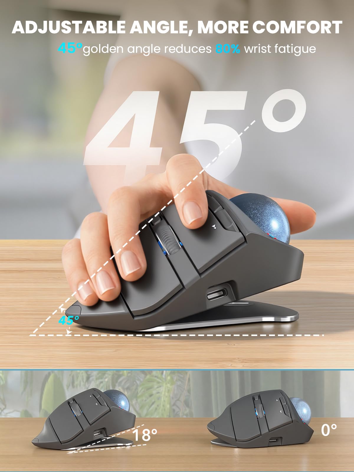 Ergonomic Wireless Trackball Mouse, Rechargeable Adjustable 0°/18° Angle Gray ball