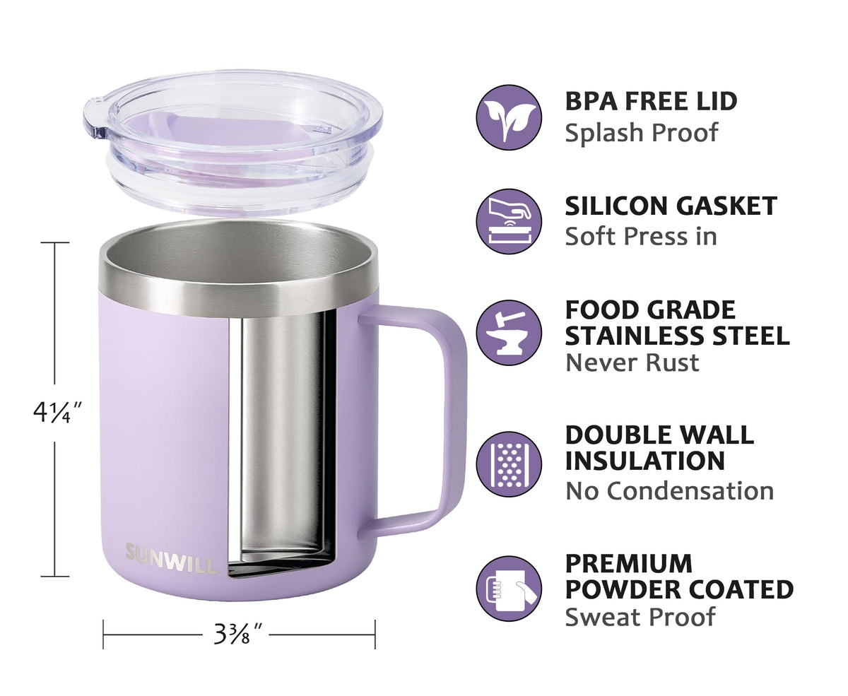 SUNWILL Insulated Coffee Mug, Stainless Steel 14 oz, Splash-Proof Lid Powder Coated Navy Blue 14 Ounces