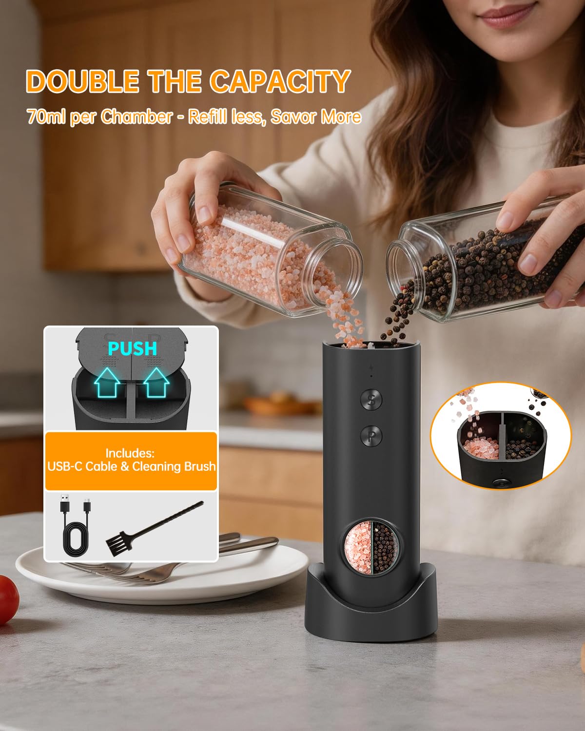 CIRCLE JOY 2 in 1 Electric Salt and Pepper Grinder Set with Storage Base Set A