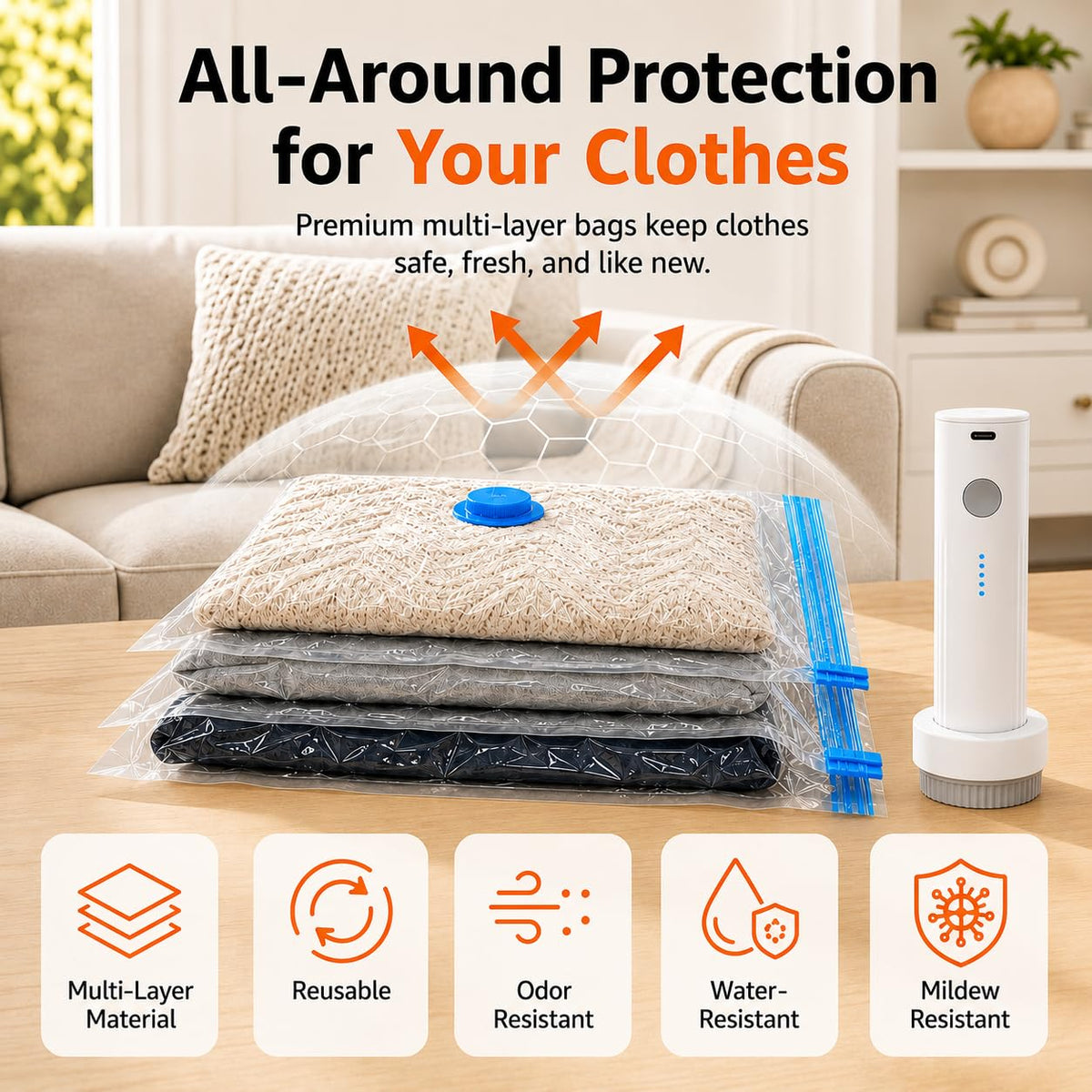 12 Pack Vacuum Bags for Travel with Rechargeable Pump, Save Luggage Space Clear 12 Combo