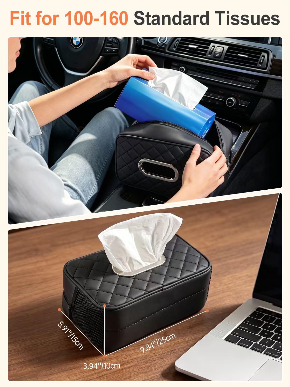 Multi-Functional Car Tissue Holder with ‌2 Storage Nets, Tissue Box Cover Black
