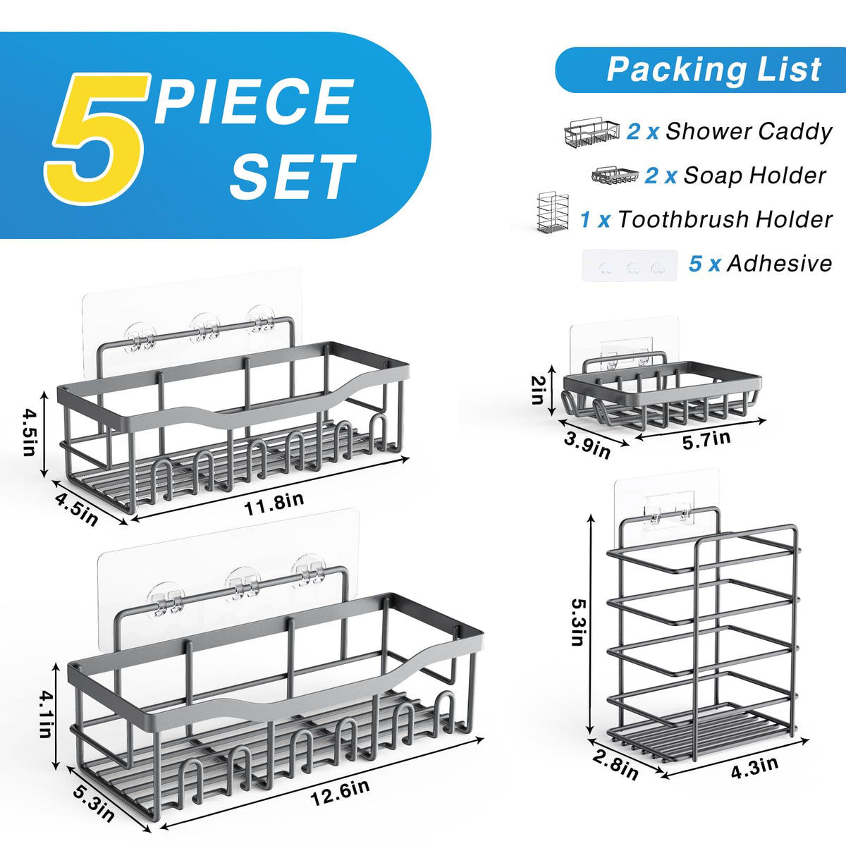 EUDELE Adhesive Shower Caddy, 5 Pack Rustproof Stainless Steel Bath Organizers With Large Capacity, No Drilling Shelves for Bathroom Storage & Home Decor Black