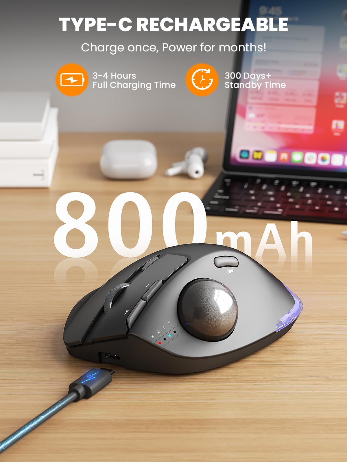 Ergonomic Wireless Trackball Mouse, Rechargeable Adjustable 0°/18° Angle Gray ball