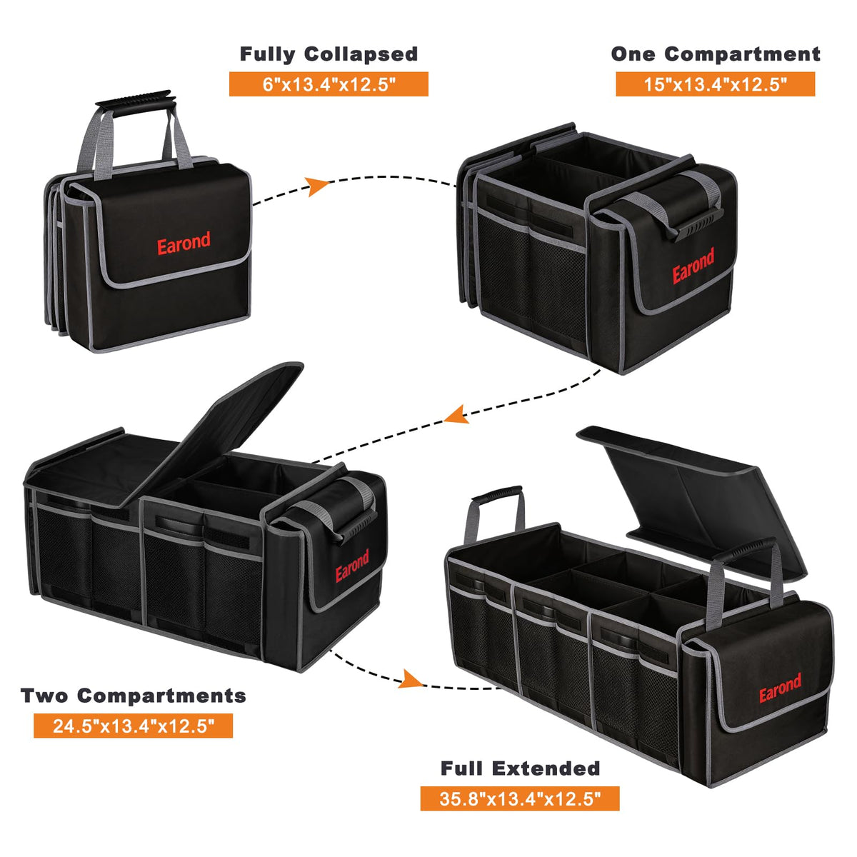 Collapsible Trunk Organizer with Insulated Leakproof Cooler Bag,Removable Lid,Adjustable Securing Straps,3 Compartments Trunk Organizer for SUV,Truck,Sedan(Grey & Black) Black&Grey With Cooler