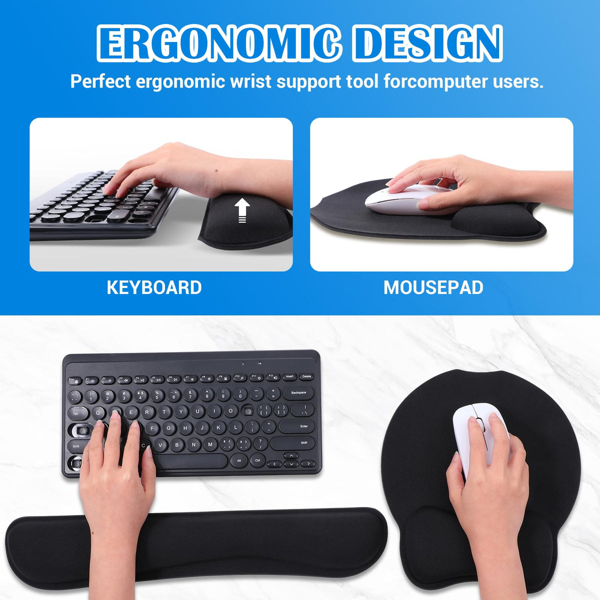 6 Pcs Mouse Pad and Keyboard Wrist Rest, Keyboard and Mouse Pad Set with Wrist Support, Ergonomic Memory Foam Wrist Rest for Computer Keyboard Office, Gaming, Computer, Laptop, Typing Comfort