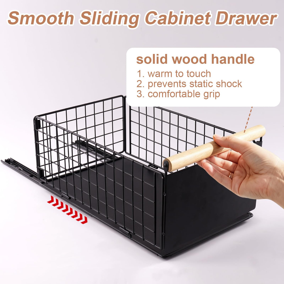 2 Pack Pull Out Cabinet Organizer Slide Out Storage Baskets with Wooden Handle, Spice Rack for Kitchen, Pantry Shelves No Drill Pullout Drawers for Under Sink, 6.6''H*9.3''W*15.7''D White 2 Pack