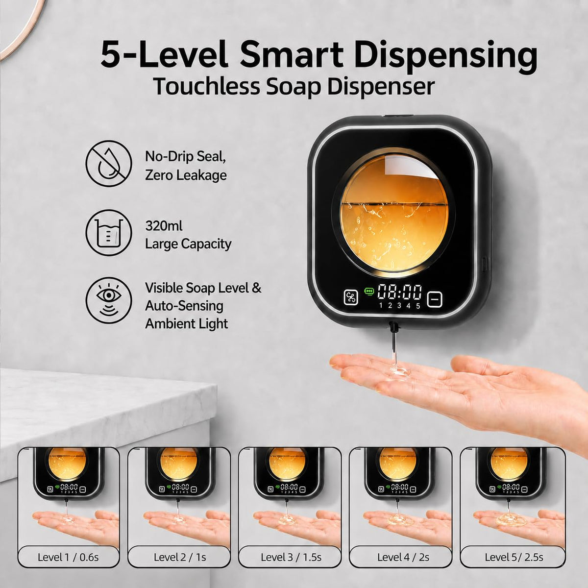 Automatic Soap Dispenser Touchless, Wall Mount, Rechargeable, Mood Lighting Black
