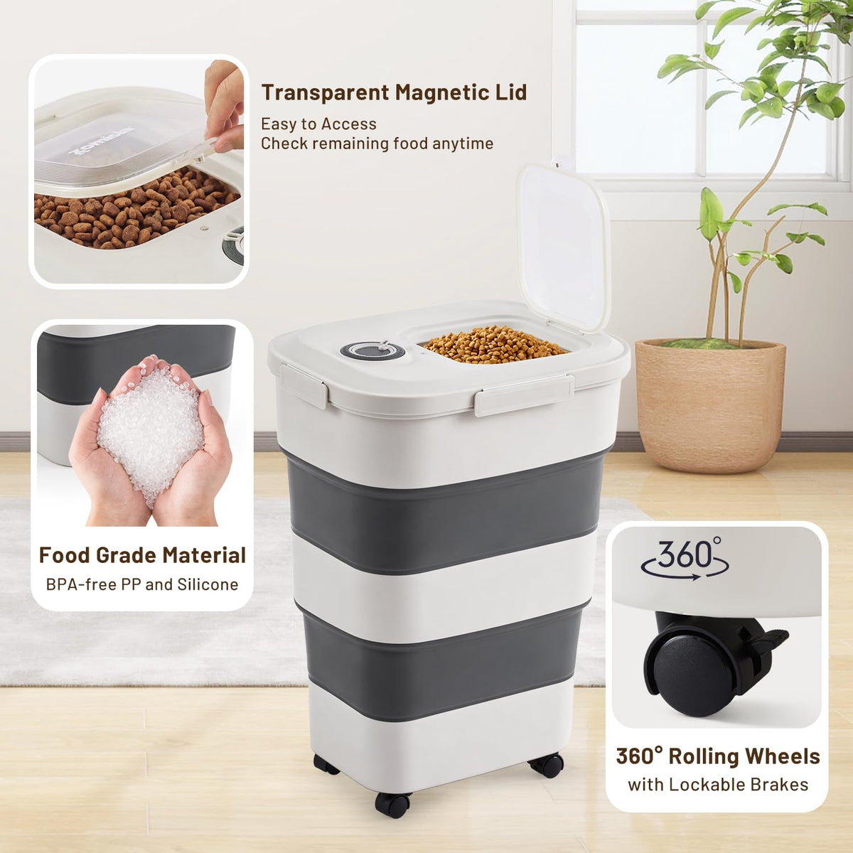 ZOMISIA 40-50lbs Collapsible Dog Food Storage Container with Wheels, Khaki