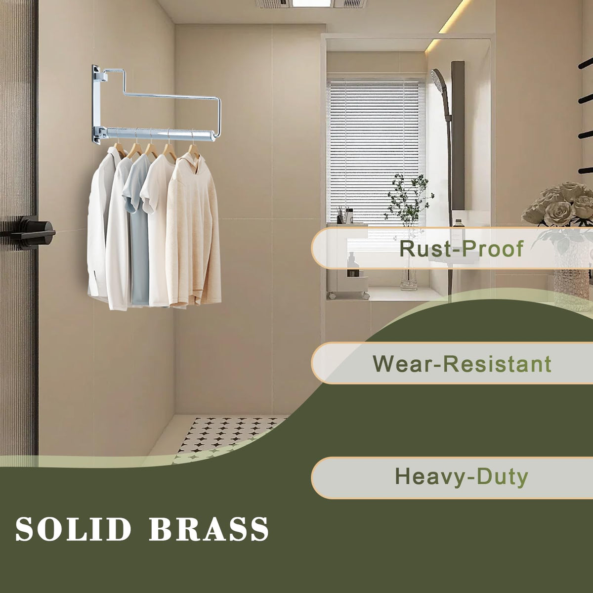 NEWRAIN Folding Wall Mounted Clothes Hanger Rack Clothes Hook Solid Brass with Swing Arm Holder Clothing Hanging System Closet Storage Organizer Heavy Duty Drying Rack Wall Mount,Brushed Gold Triangle Brushed Gold