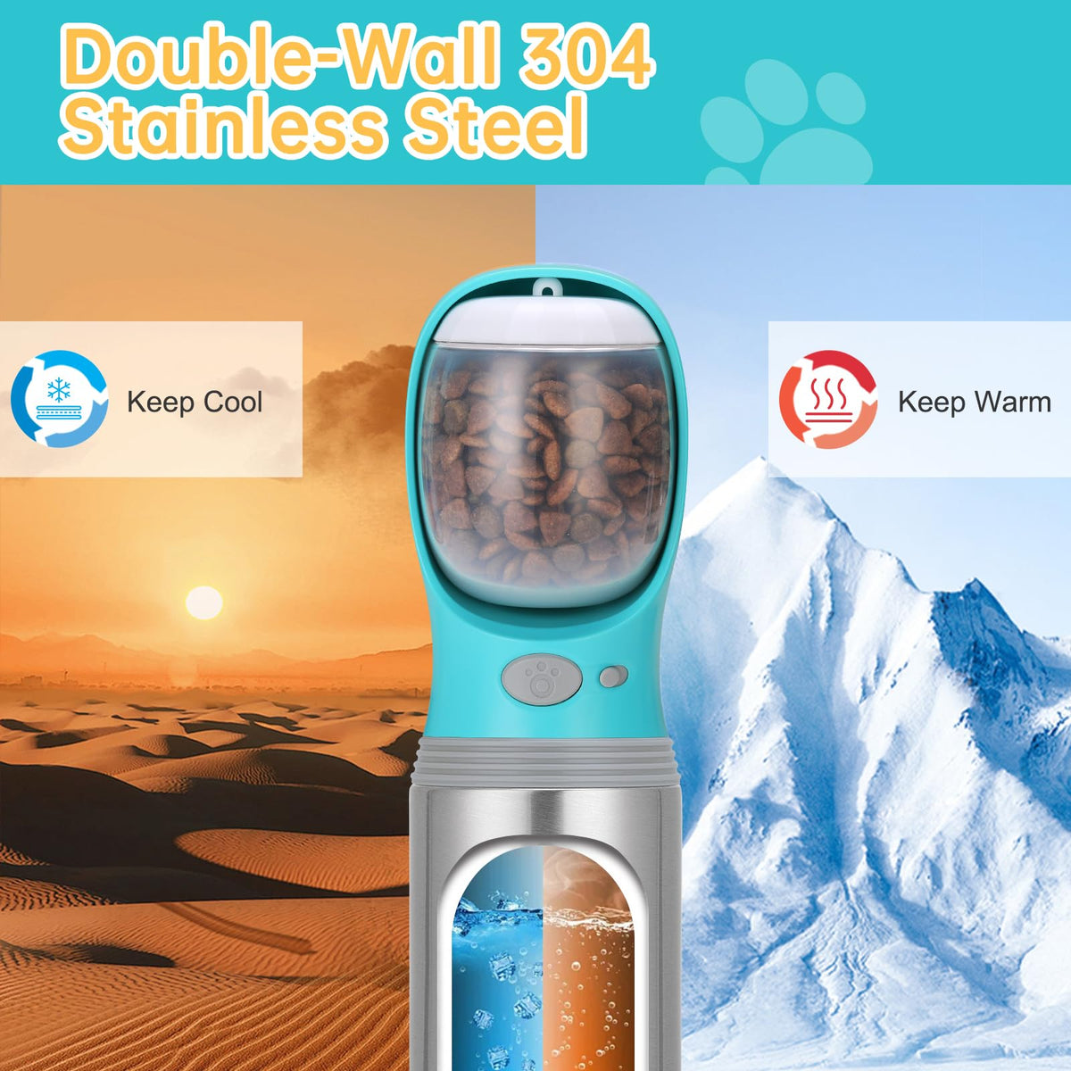 Portable Dog Water Bottle, 14 OZ Stainless Steel Pet Water Dispenser Button switch 14 OZ - Blue