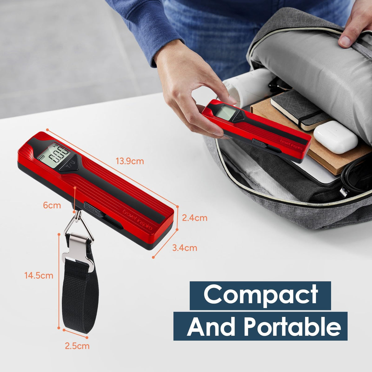 Battery-Free Luggage Scale – No Batteries Needed, Portable Digital Hanging Suitcase Weight Scale for Air Travel & Checked Bags, 110lb/50kg, LCD Display, Compact Travel Accessory Red-Large Handle