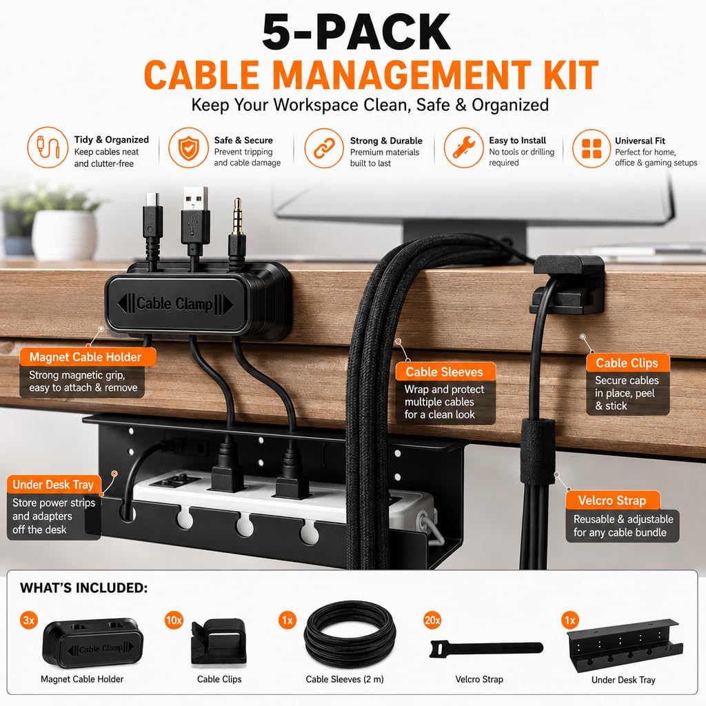 DC 5-in-1 Under Desk Cable Management Kit - Cord Organizer