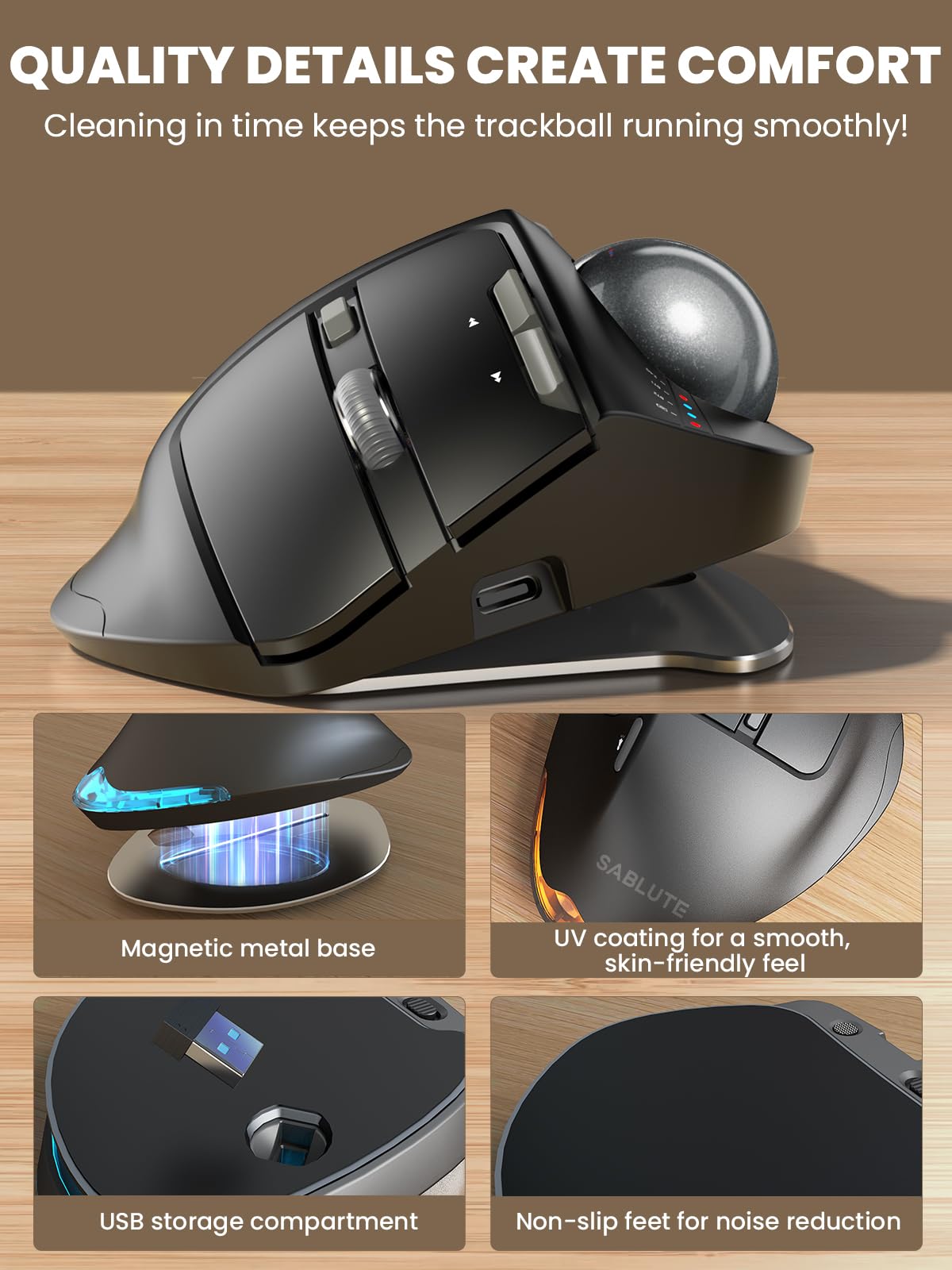 Ergonomic Wireless Trackball Mouse, Rechargeable Adjustable 0°/18° Angle Gray ball