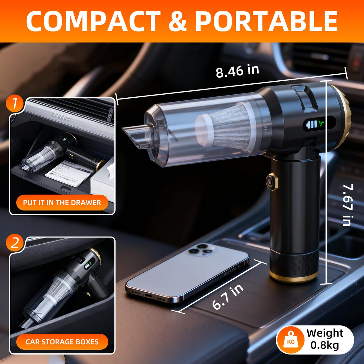 Handheld Vacuum Cleaner Cordless, 23000Pa Powerful Car Mini Vacuum Cleaner, Rechargeable Portable Lightweight dust Catcher for Home Car Carpet Stairs Pet Hair Deep Cleaning（Black-Gold）. Black-gold
