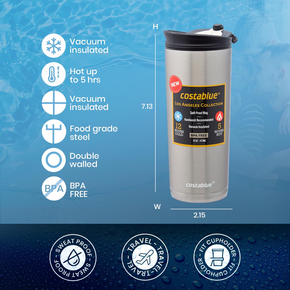 Travel Coffee Mug - 16 Oz. Stainless Steel Insulated Coffee Mug, Leak Proof Tumbler w/Dishwasher Safe Lid, Double Wall Travel Coffee Cup, Reusable Insulated Tumbler for Hot & Cold Beverages… Agata Grey Lid