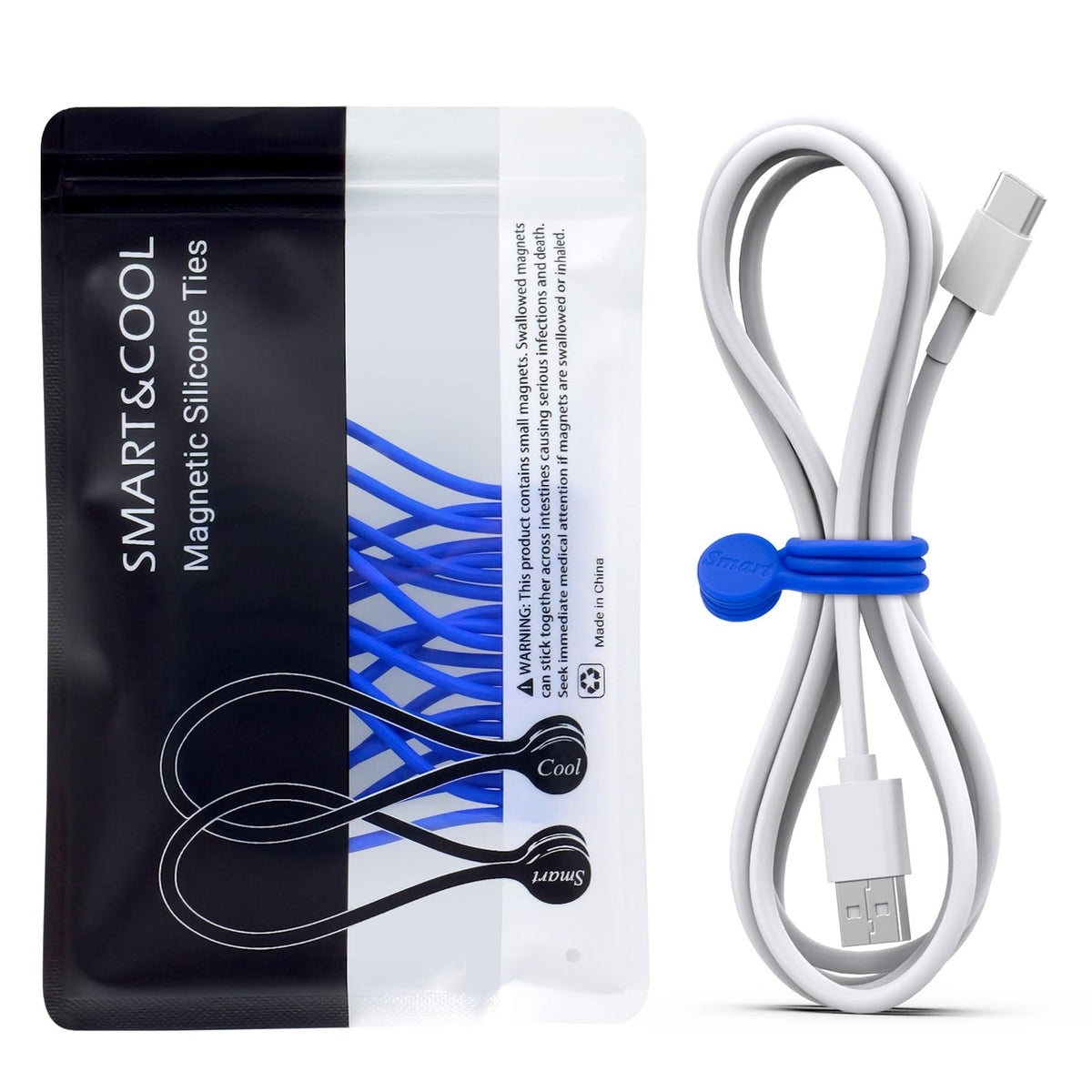 SMART&COOL Reusable Silicone Magnetic Cable Ties, Multicolored, 20-Pack