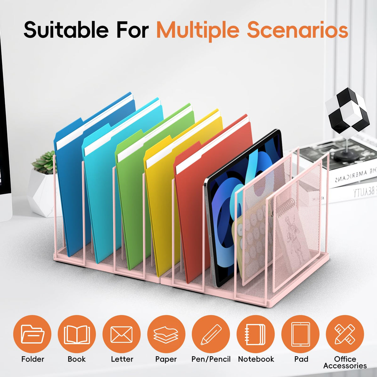 File Organizer For Desk, 7 Section Metal Desktop File Sorter, Black