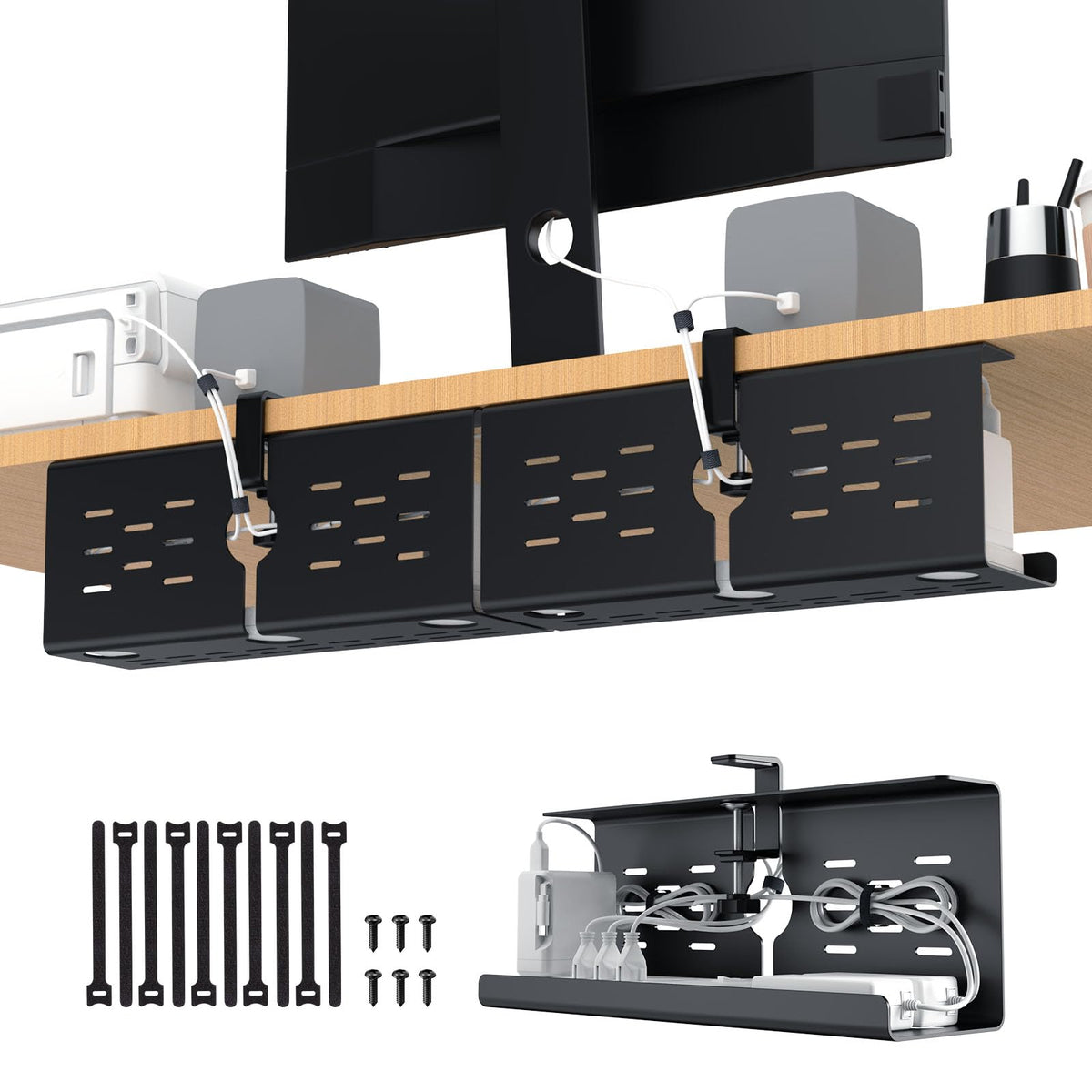 Under Desk Cable Management Tray and Metal Cord Organizer