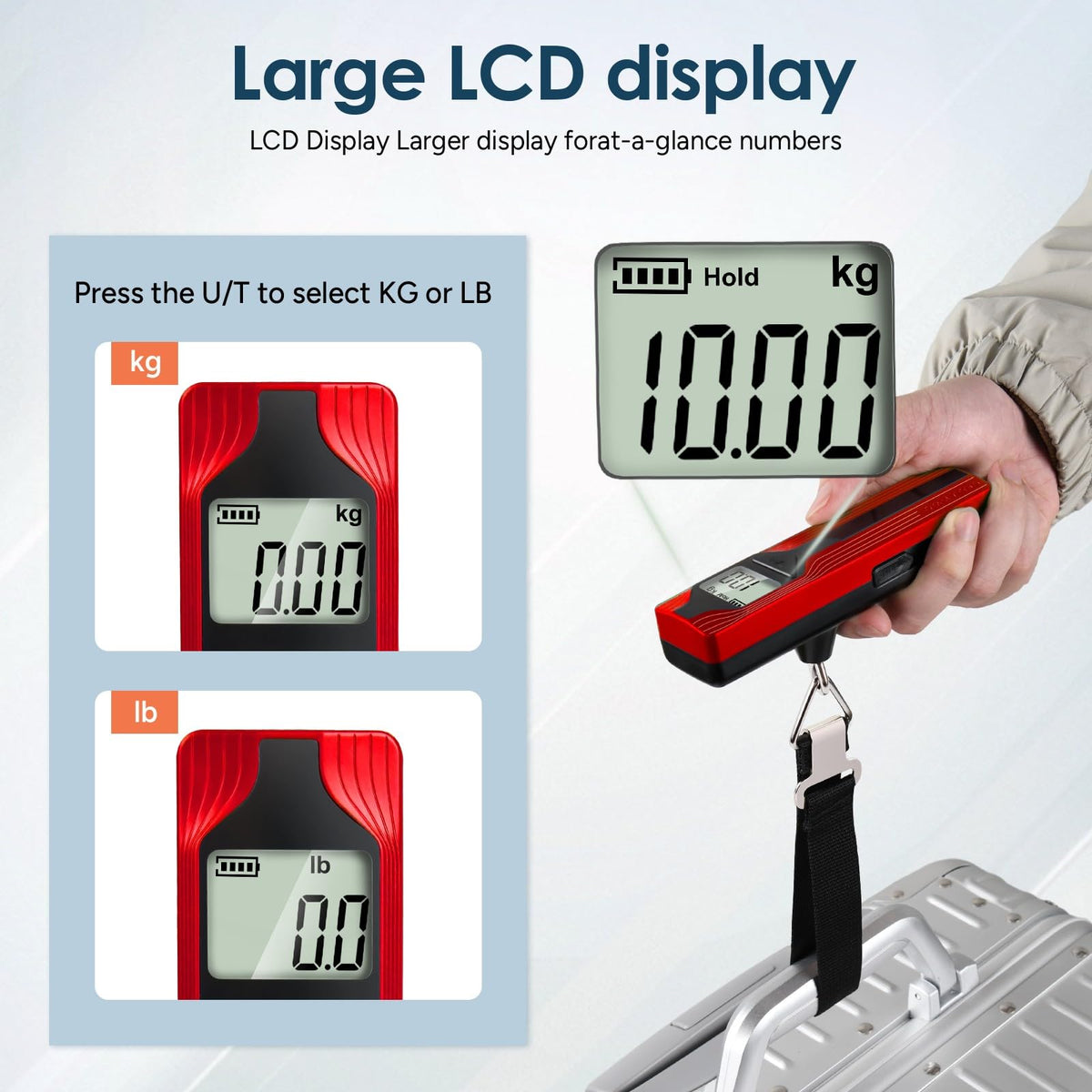 Battery-Free Luggage Scale – No Batteries Needed, Portable Digital Hanging Suitcase Weight Scale for Air Travel & Checked Bags, 110lb/50kg, LCD Display, Compact Travel Accessory Red-Large Handle