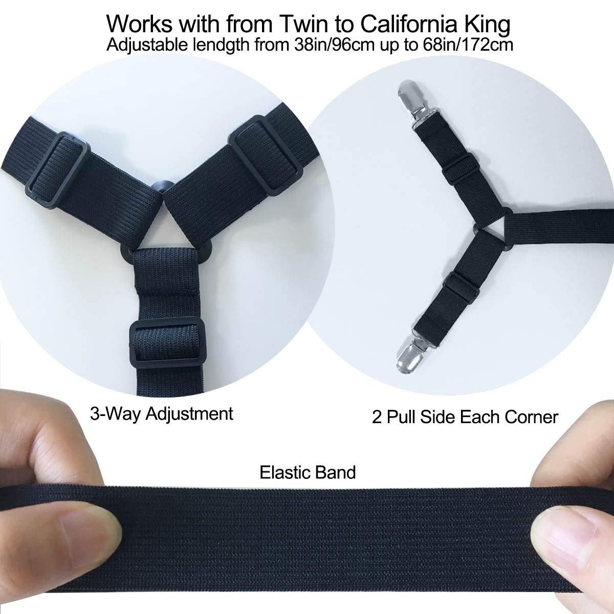 Bed Sheet Clip Straps - 2 Way Adjustable Crisscross Sheet Corner Holder Straps Gripper Elastic Sheet Band Mattress Straps Fasten Suspenders(2 Set/4Pcs, Black) Black 4pcs Set