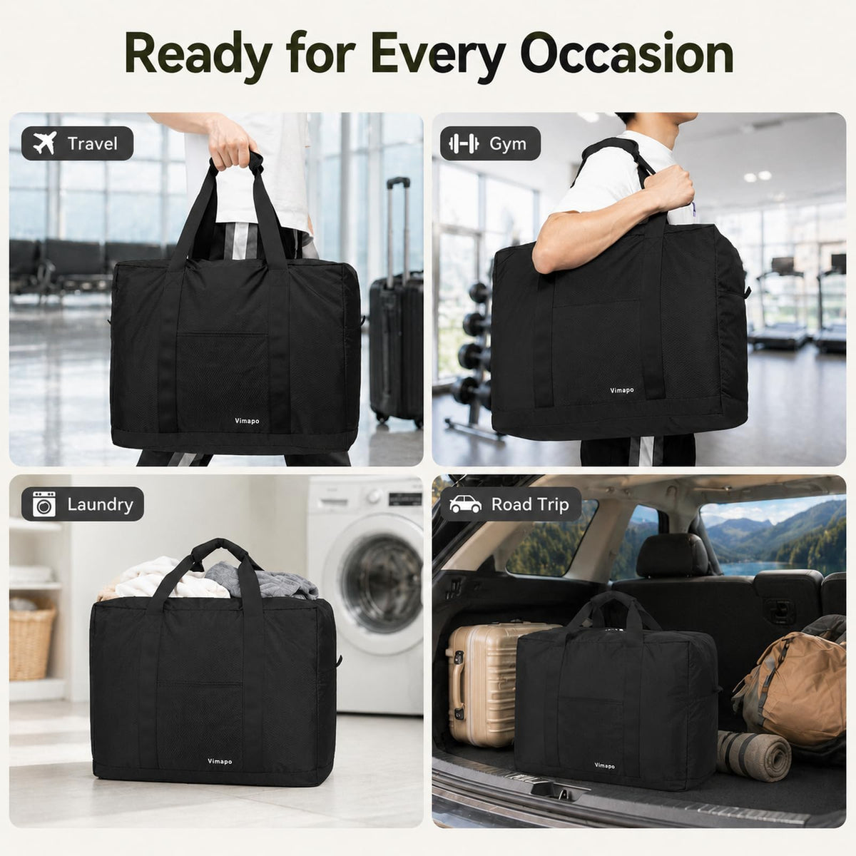 Foldable Travel Duffle Bag with Trolley Sleeve 40L Travel Bag Black