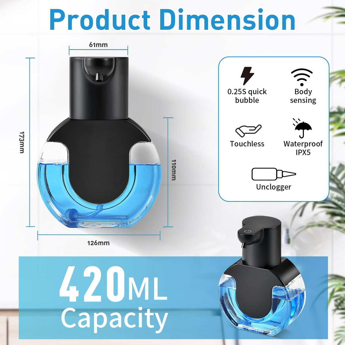Automatic Foaming Soap Dispenser, 15oz/420ml Smart Hand Soap Dispensers, Touchless Wall Mount with 4-Level Adjustable, Rechargeable Foaming Hand Soap Dispenser for Bathroom Kitchen Office Black 1