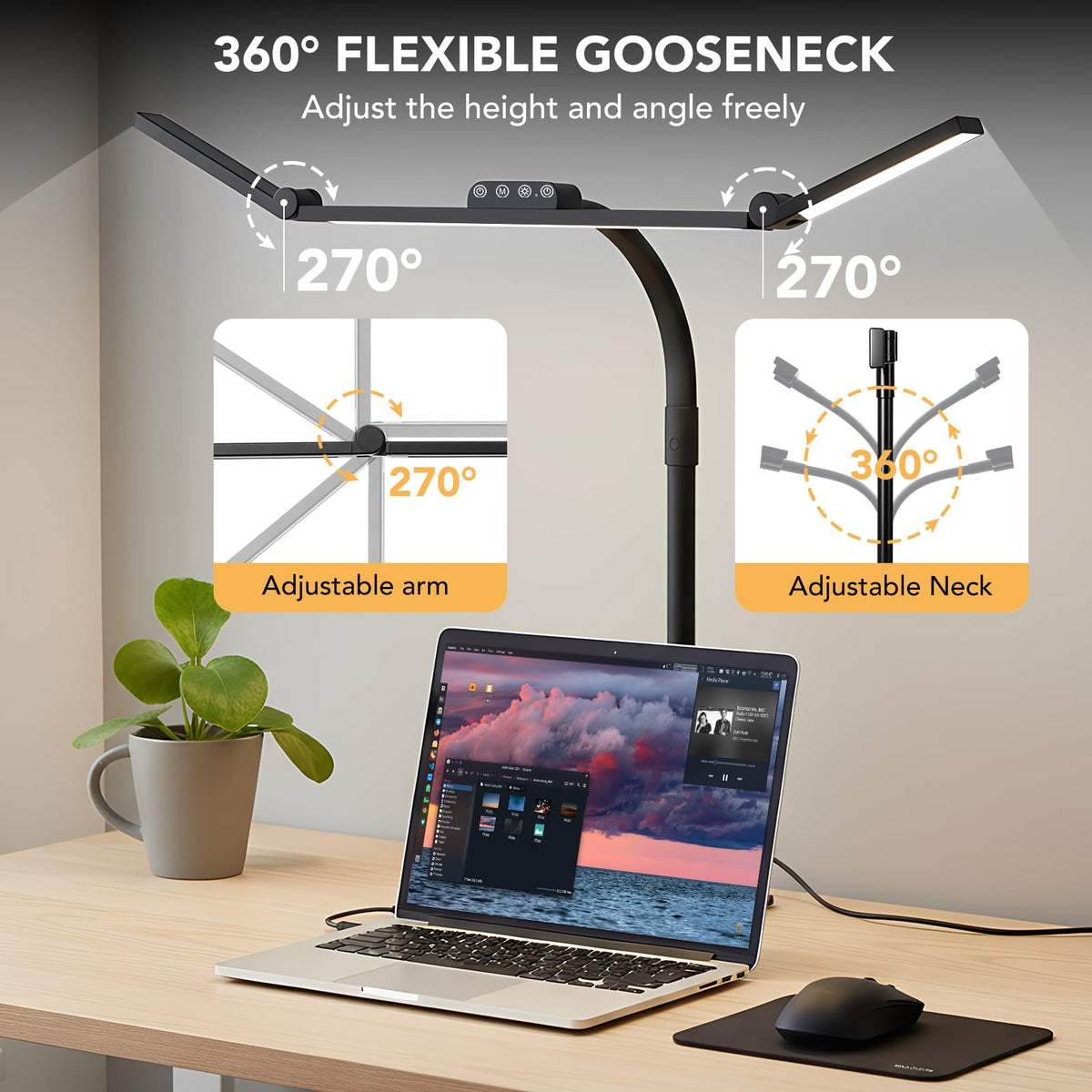 LED Desk Lamp for Home Office with Base, 28.2" Adjustable Gooseneck Swing Arm Ultra Bright Desk Light, Dimmable Architect Table lamp for Desktop Computer Light, Reading, Study, Workbench Black