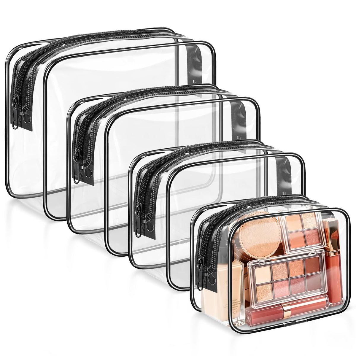 4 Pieces Clear Cosmetic Bags Bulk TSA Approved Toiletry Bag for Travel PVC Waterproof Clear Makeup Pouch with Zipper for Men and Women Carry-on Travel Essentials 4pcs SML Black
