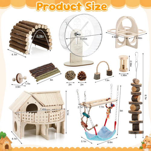 11 Pcs Hamster Cage Accessories, 9.5" Wooden Gerbil Wheel