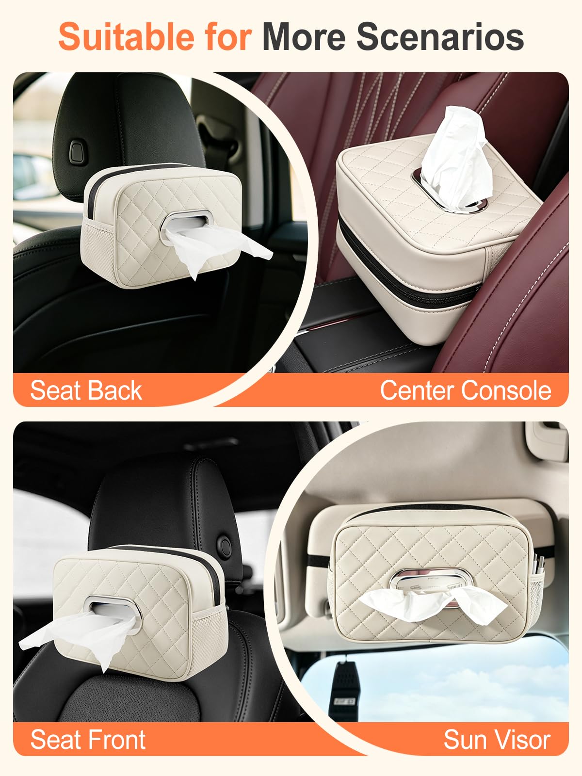 2PCS Multi-Functional Car Tissue Holder with ‌2 Tuck Nets, Tissue Box Cover 2pack Deep Black