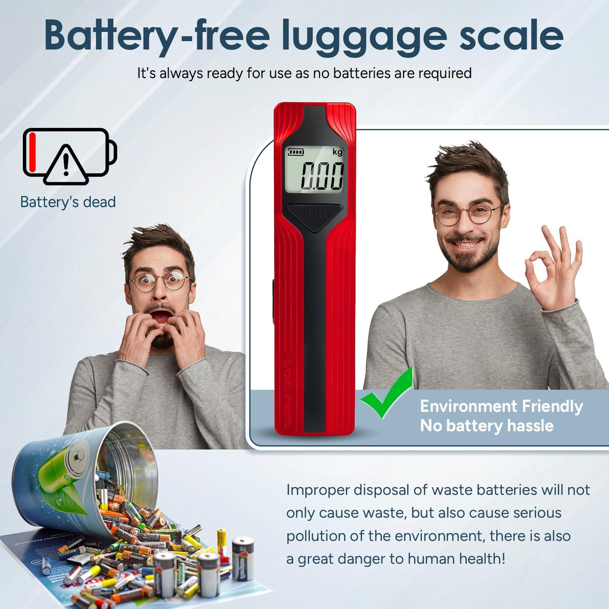 Battery-Free Luggage Scale – No Batteries Needed, Portable Digital Hanging Suitcase Weight Scale for Air Travel & Checked Bags, 110lb/50kg, LCD Display, Compact Travel Accessory Red-Large Handle