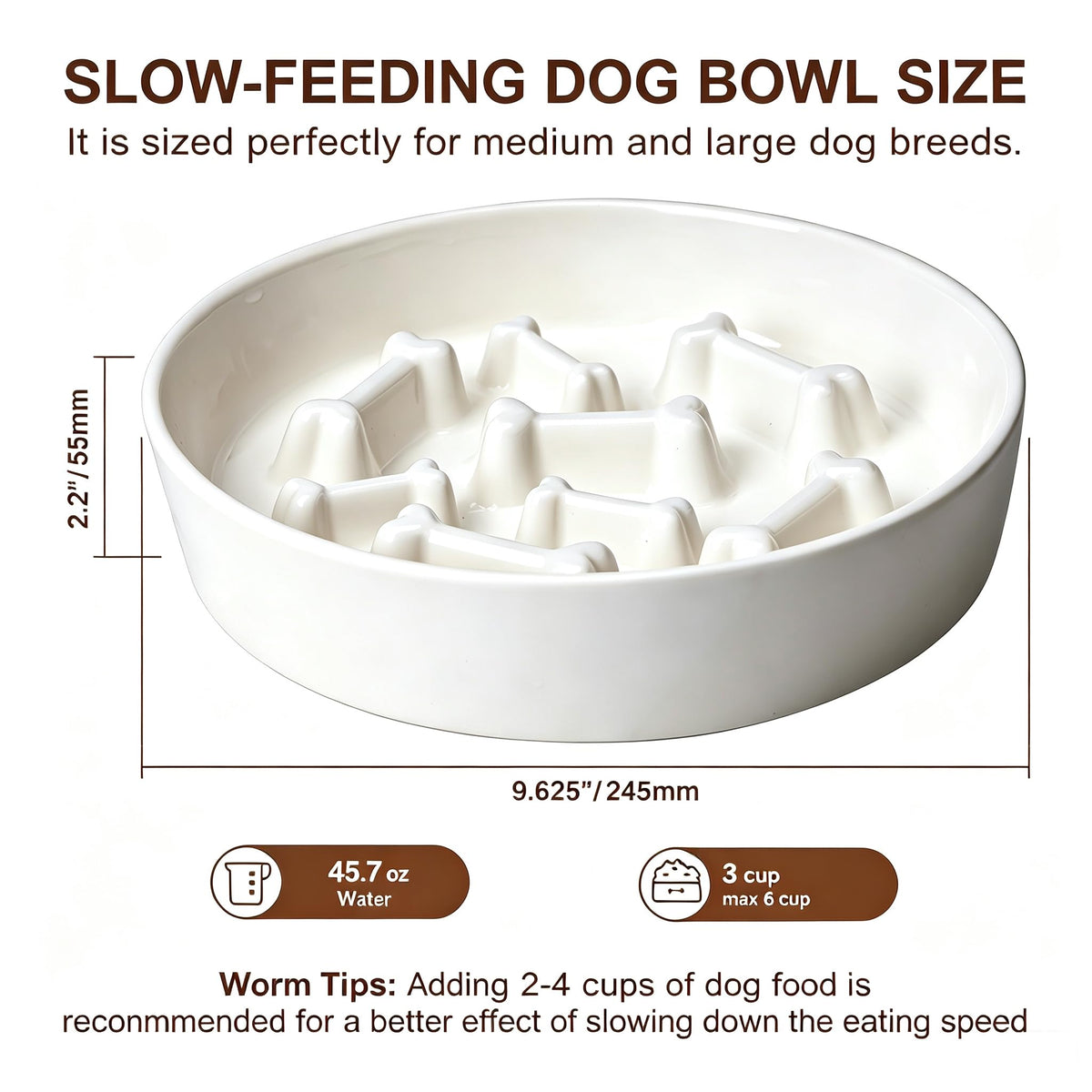 Ceramic Slow Feeder Dog Bowl, 3 Cup Dog Food or 25oz Water, Slow Eating Bowl for Middle Breed, Maze Puzzle Feeder for Fast Eaters, Anti-Choking Stop Bloat, Non-Slip BPA Free (White) White