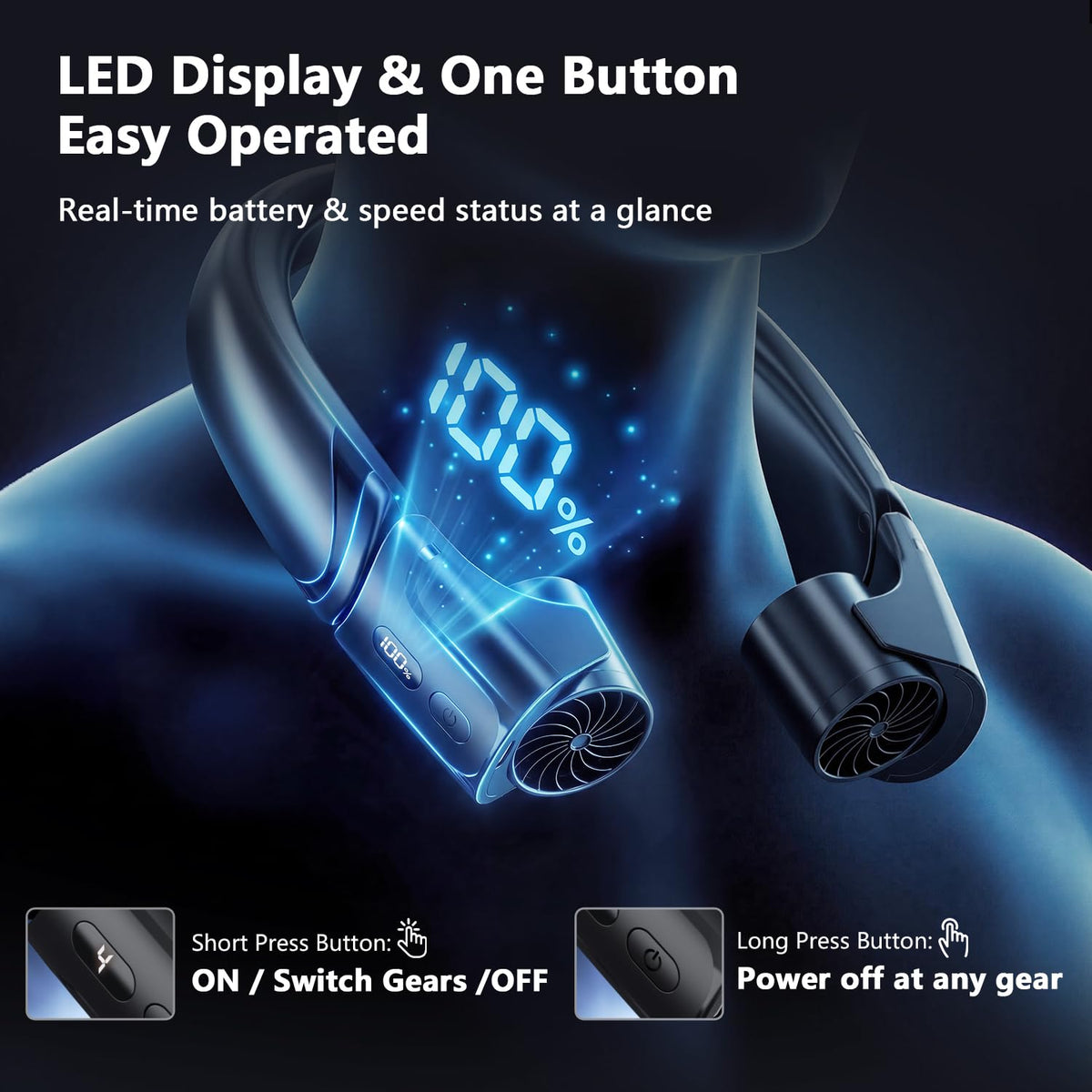 ChillGo Wearable Neck Fan – 8000mAh Battery, 9000RPM Twin Turbines with LED Display, Max 16H Runtime, 4 Wind Levels, Ultra‑Light & Noiseless, Great Gift for Outdoorsy Men and Women – Midnight Black