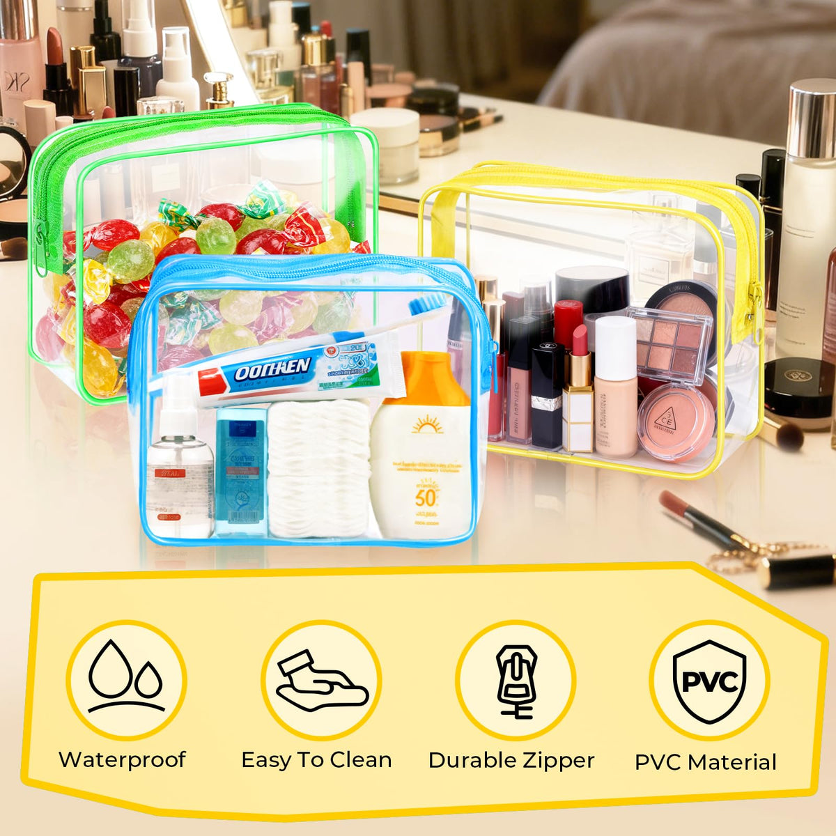 4 Pieces Clear Cosmetic Bags Bulk TSA Approved Toiletry Bag for Travel PVC Waterproof Clear Makeup Pouch with Zipper for Men and Women Carry-on Travel Essentials 4pcs SML Black