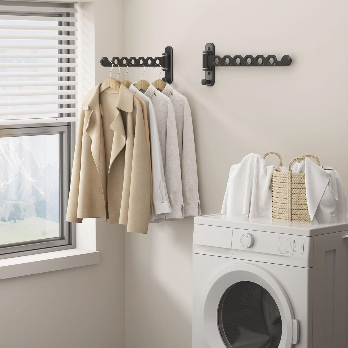 Wall Mounted Clothes Hanger Rack Foldable for Laundry Drying Rack Black Long 2P