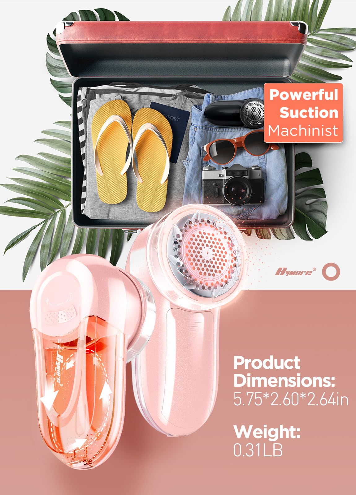 Bymore Fabric Shaver, Lint Shaver, Sweater Shaver for Clothes, Pink 5.75*2.60*2.64in