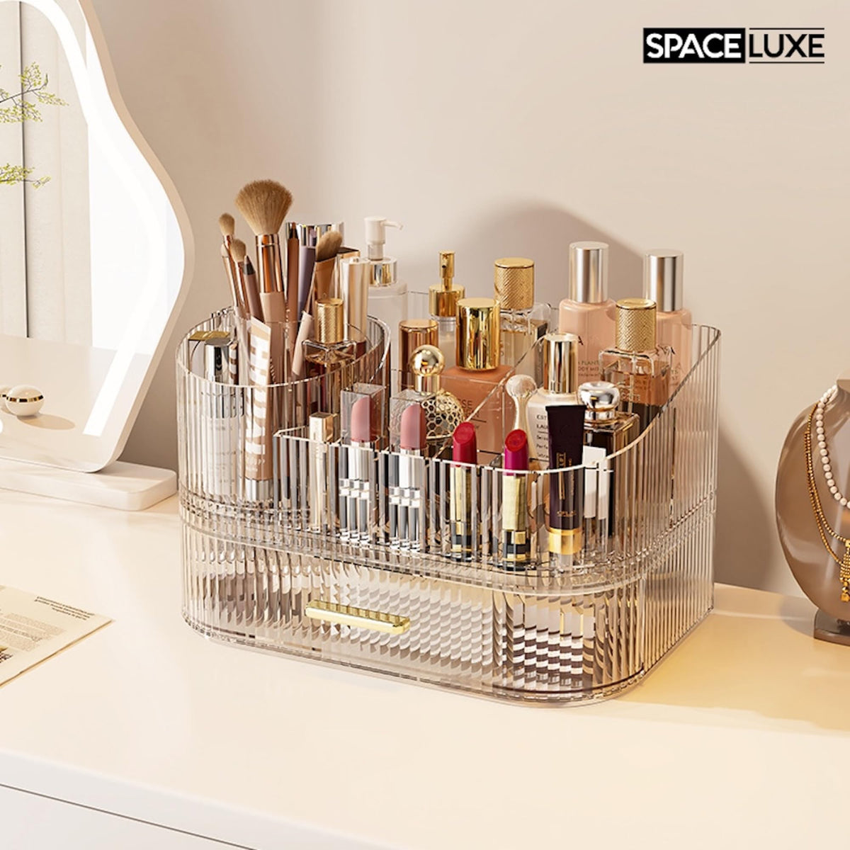 Large Makeup Organizer with Drawers, 360° Rotating Brush Holder Cream White 3-layer